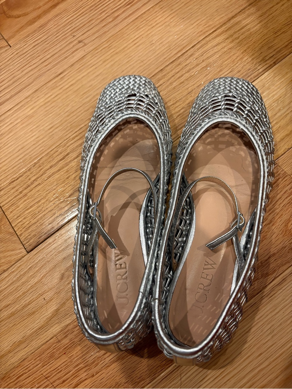 J. Crew Metallic Silver Woven Ankle-Strap Flats